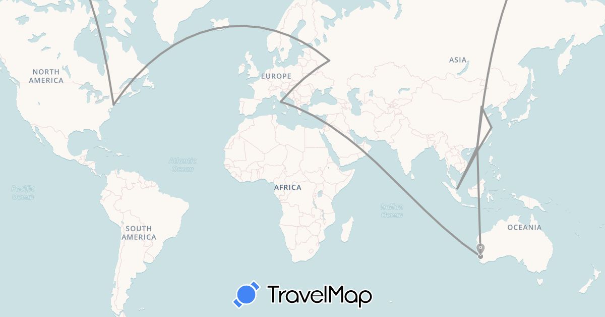 TravelMap itinerary: driving, plane in Australia, China, Italy, Russia, Singapore, United States (Asia, Europe, North America, Oceania)